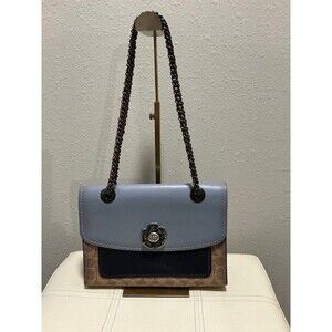 Coach Parker Tea Rose Signature Colorblock  Shoulder Bag Blue Black Gold